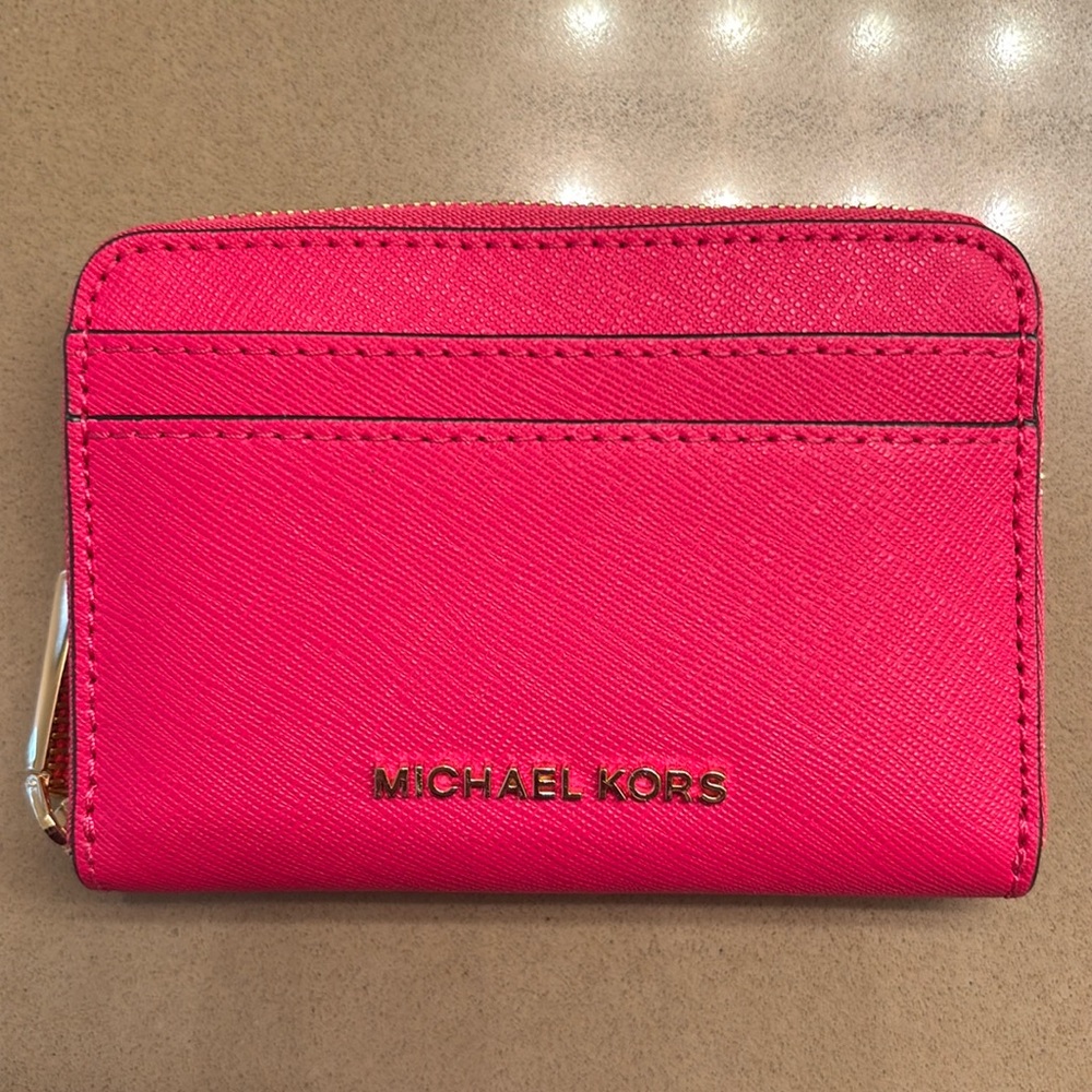 Pink Saffiano Leather Zippered Compact Wallet